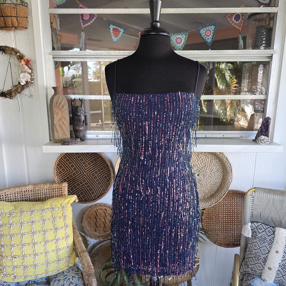 Windsor Large Khloe Sequin Fringe Party Dress Stretchy Navy Fringe Dress - Picture 2 of 12
